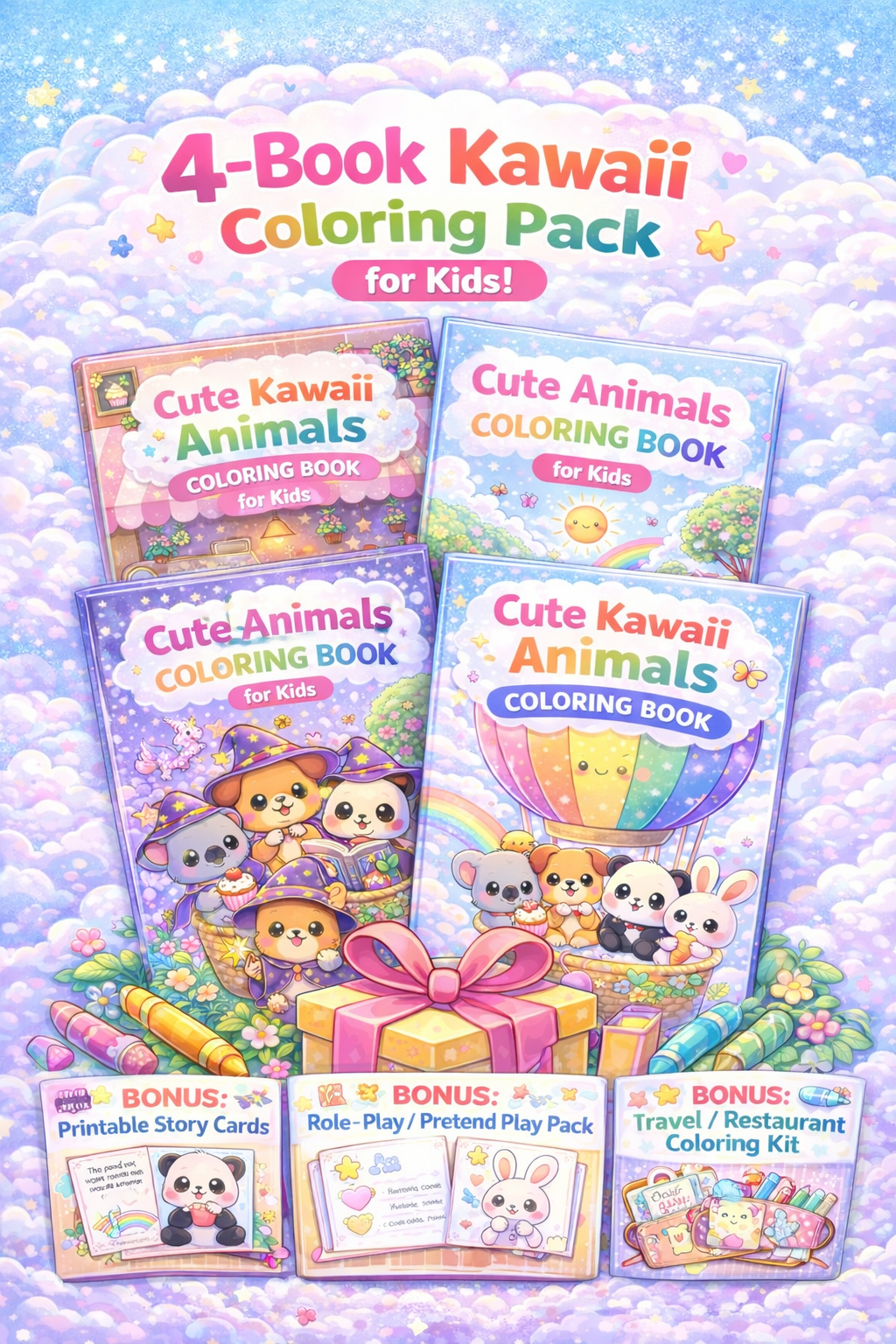 4-Book Kawaii Coloring Pack for Kids Includes Story Cards, Role-Play, Emotions & Travel Kit + extra bonuses